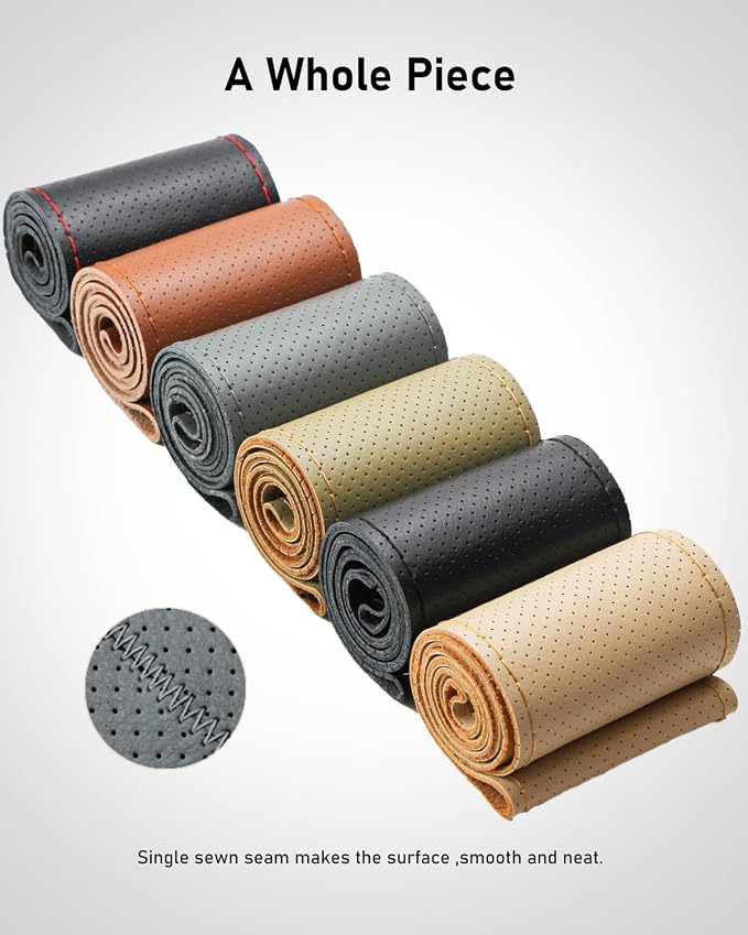 Belinous Perforated Leather Car Steering Wheel Cover (Size L4, Gray) | Stitch On Wrap, Universal fit 13-20 Inch, Whole Piece of Cowhide, DIY w/Needle Thread, Breathable Anti-Slip Design