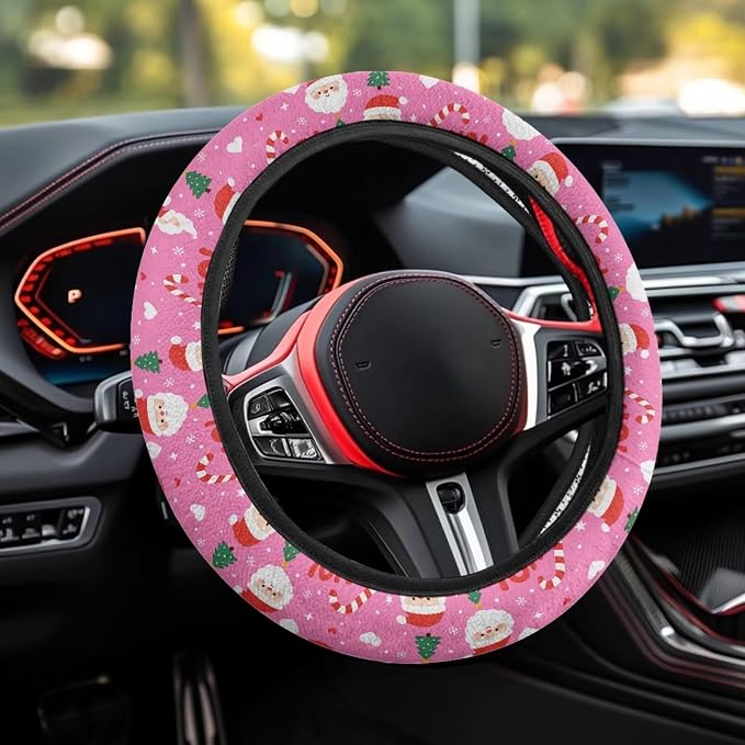 AFPANQZ Steering Wheel Cover for Women Sweat Absorbing Non-Slip Protection | Santa Claus Pink Print, Universal Fit Most Car Sedans SUVs, Comfort Grip Breathable Steering Wheel Protector