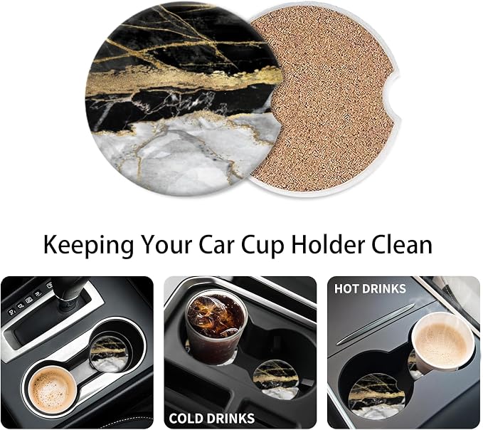 Cup Holder for Car,Black Gold Marble Print Ceramic Coasters Non-Slip Cup Holder Insert with Fingertip Grip, Auto Interior Accessories for Women & Men,Pack of 2, 2.56In