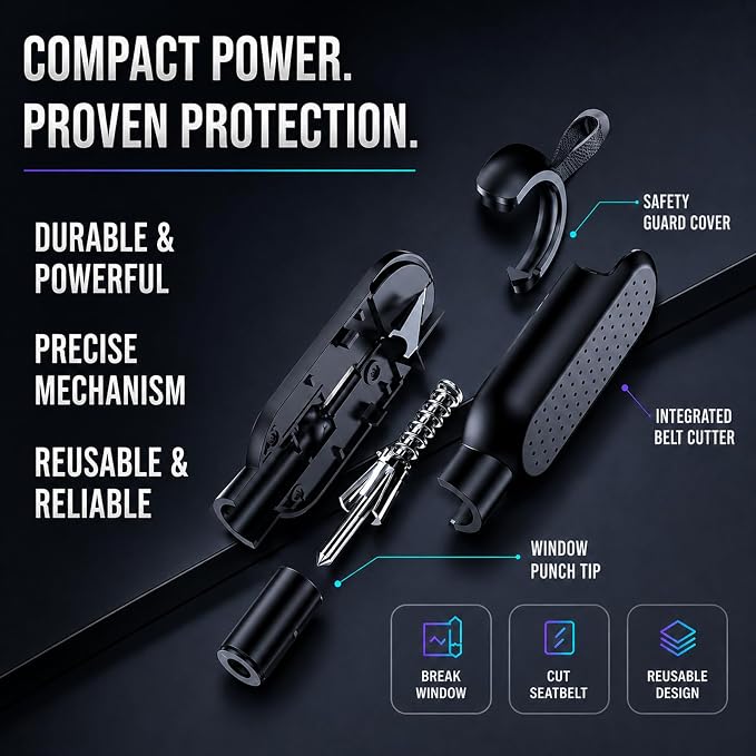 Car Escape Tool, Car Glass Window Breaker Key Chain (Black 2PCS) | Durable and long-lasting