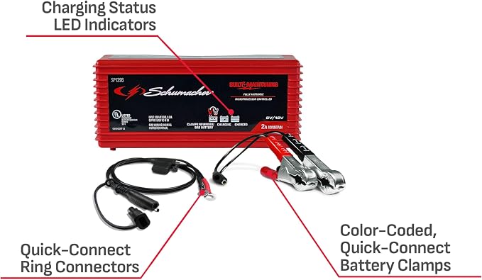 Schumacher Electric Battery Charger and Maintainer, SP1296, 3-in-1, Fully Automatic, 2 Amps, 6 Volt, 12 Volt, for Motorcycle, Power Sport, Car, and Marine Batteries (Pack of 2)
