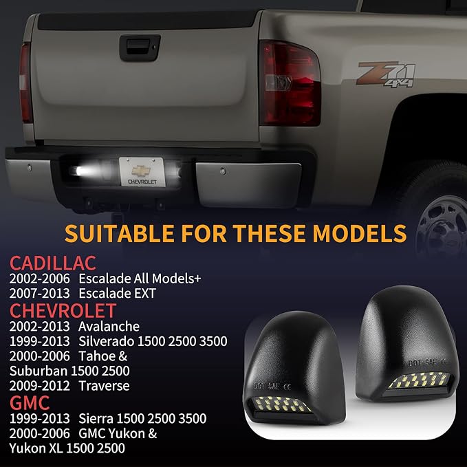 Gempro Full LED License Plate Light Tag light lamp Assembly Replacement for Chevy Silverado 1500 2500 3500 Suburban Tahoe GMC Sierra Yukon XL C-adillac Escalade,6000K Xenon White, 2 Packs