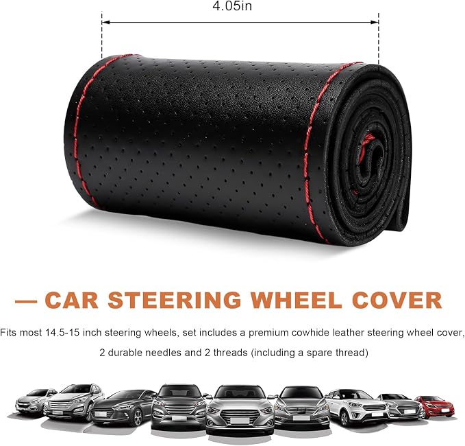 Genuine Leather Steering Wheel Cover, 15 Inch Stitch on Wheel Wrap with Needles & Threads, Breathable Steering Wheel Protector DIY Sewing Wrap for Car Truck SUV (Black & Red, Full Hole)