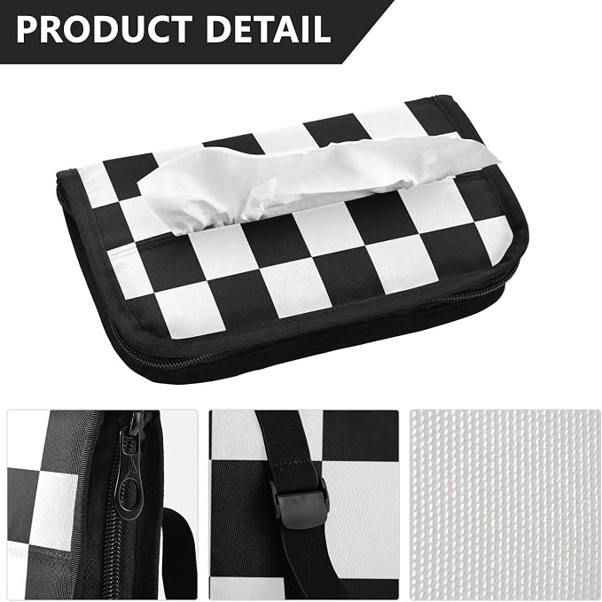 Car Tissue Holder Napkin Box Dispenser Storage Case Sun Visor Mask Holder With Adjustable Straps Reusable Refillable Checkered Black and White
