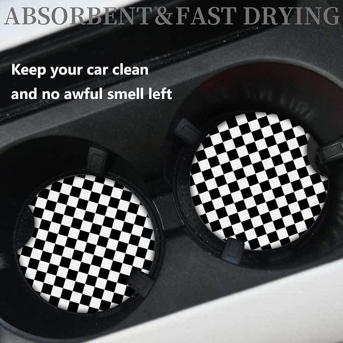 Cute Car Coasters for Cup Holders, 2 Pack Absorbent Universal Neoprene Car Coasters with Finger Slot, Auto Accessories for Women & Men,2.56"(Black/White)