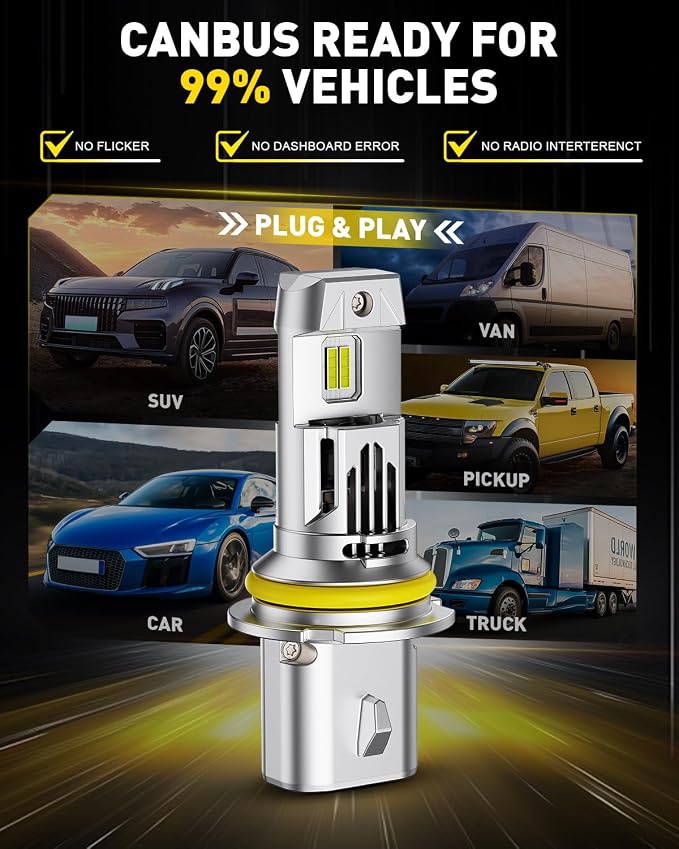 AUXITO 9007/HB5 Bulbs High/Low Beam, 70000LM 6500K Ulitra Bright White, HB5 Halogen Raplacement Fog Lights with Fan, Wireless Plug and Play, Canbus Ready, Pack of 2
