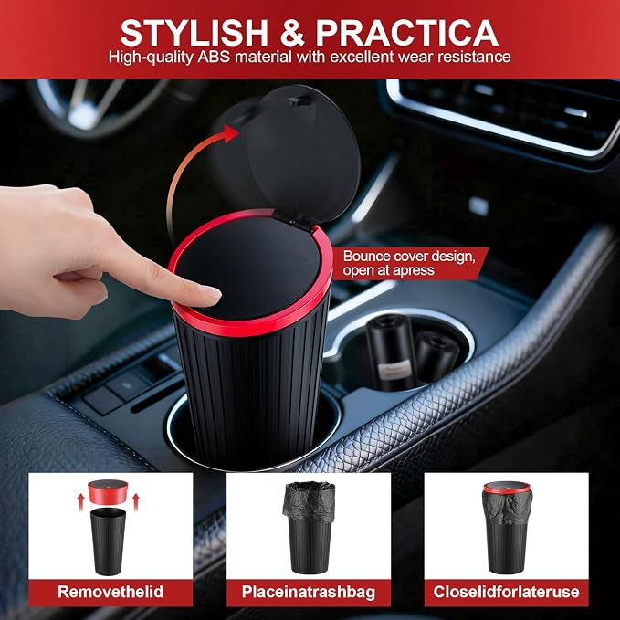 SINGARO Car Trash Can with Lid, Leakproof Mini Garbage Bin for Car Cup Holder, Small Trash Can for Vehicle, Home & Office - Includes 30 Bags, Easy Clean (Black-Red)