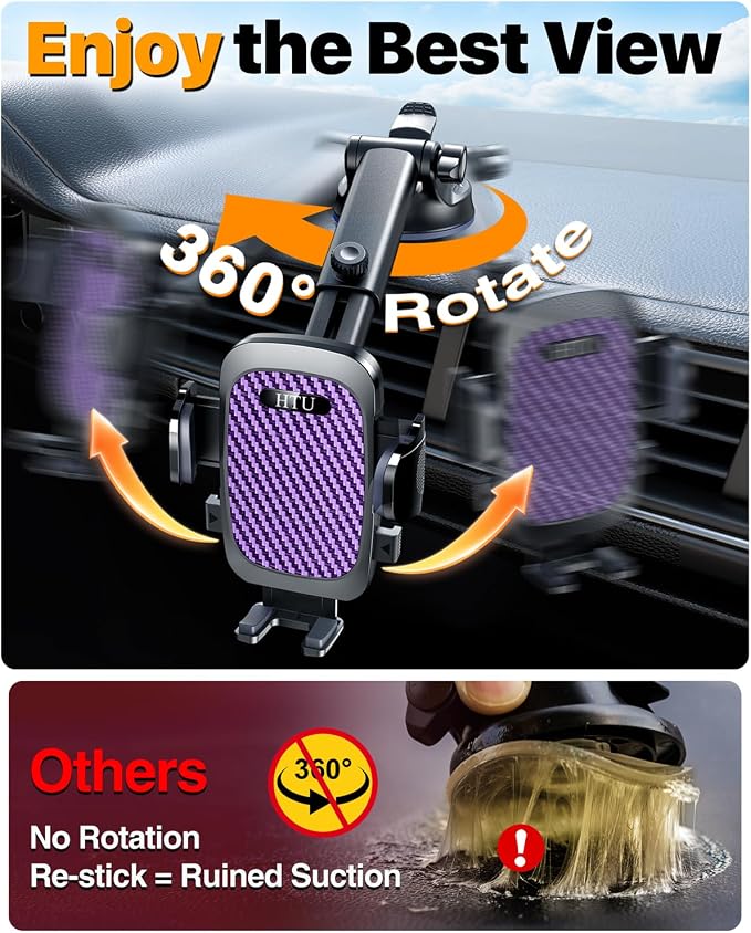 HTU 2026 Ultimate Best【True Military-Grade & Safety Cert】 Car Phone Holder | 【Upgrade 360 Rotation & 100LBS Strongest Suction】5-in-1 Truck Windshield Dashboard Vent Mount Stand for iPhone Android,Purple
