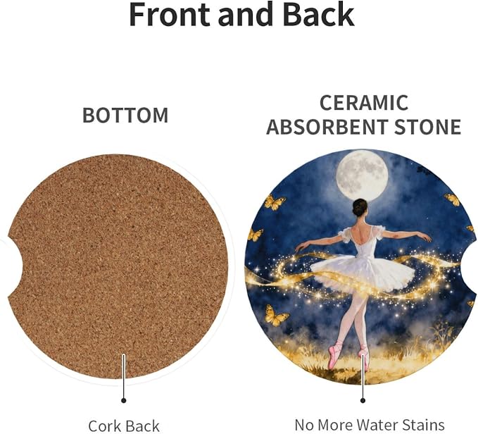 Ballet Dancer Golden Butterfly Moon Forest 2 Pack Car Cup Holder Coasters Absorbent Ceramic Drink Coasters 2.56" Anti Slip Cup Mat with Cork Base and Finger Notch Auto Accessories Interior