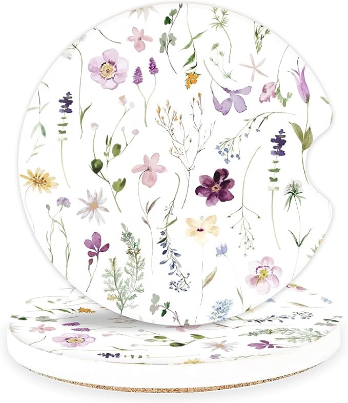 Ceramic Car Coasters – Absorbent Car Cup Holder Coaster Set for Women, Cute Aesthetic Car Accessories for Girls, 2 Pack (Purple)