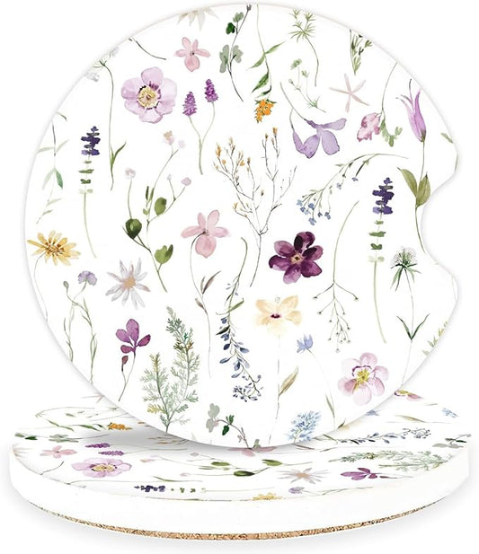 Ceramic Car Coasters – Absorbent Car Cup Holder Coaster Set for Women, Cute Aesthetic Car Accessories for Girls, 2 Pack (Purple)