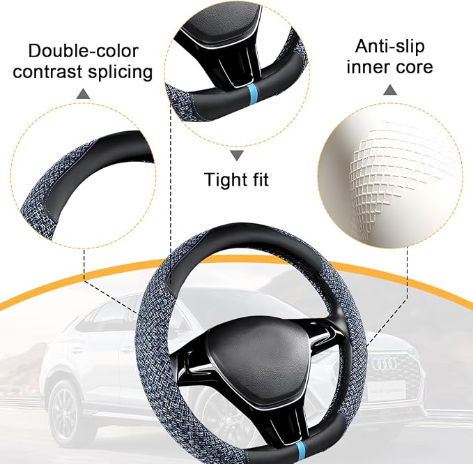 Zpana Car Steering Wheel Cover, 14.5-15" Breathable Linen Sporty Vehicle Steering Wheel Protector with Non-Slip Lining, Automotive Interior Decoration Accessories, Universal Fit (Black/Blue)