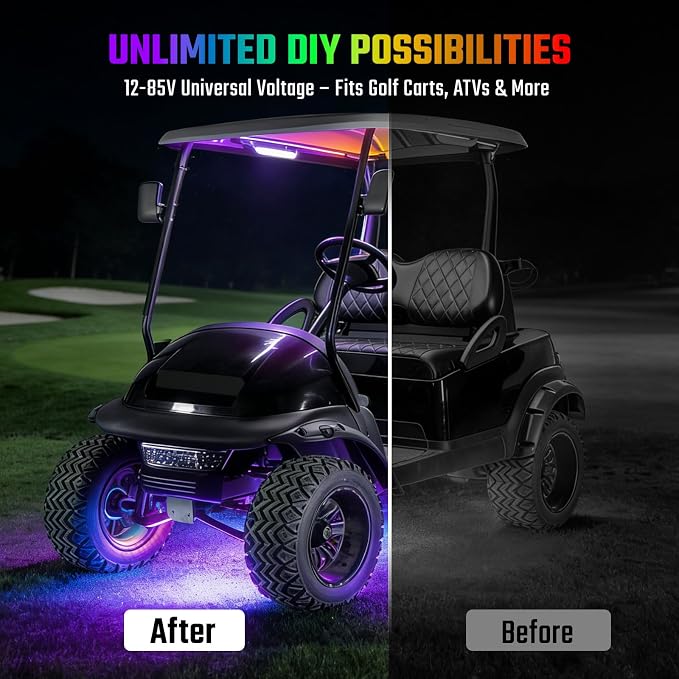 CLUBRALLY 6PCS Golf Cart Underglow LED Light Kit, 28 Modes Full-Body Neon Glow, 12-85V, Music Sync, Wireless Remote, Waterproof Strips, Fits EZGO, Club Car, Yamaha Golf Carts, 6 Pack