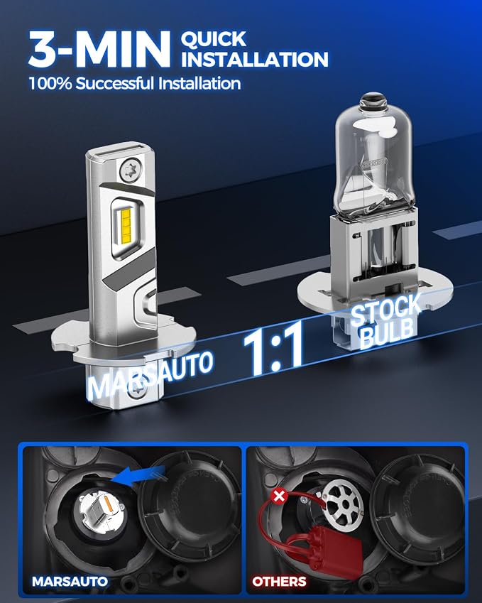 Marsauto H3 Led Bulb Yellow 12,000LM, 600% High Bright H3LL/H3 Fog Lights Led, 3000K Amber Yellow 50000 Hour Lifespan, 1:1 Size H3 Fog Bulb for Car, Tail Light Covers, Pack of 2