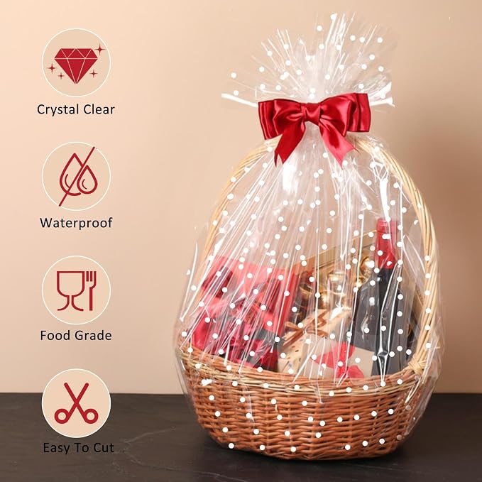 Mauproy 34 In x 100 Ft Clear Cellophane Wrap Roll with White Dots | 34" Fold into 17", Extra Wide, 2.5 Mil Thick Transparent Wrapping Paper for Baskets, Flower Bouquets