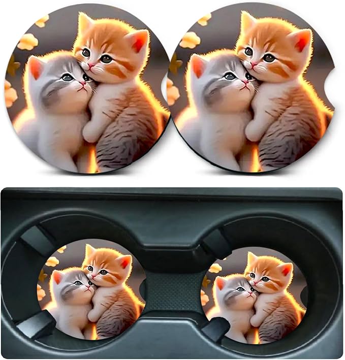 2 PCS Two Cat Car Cup Holder Coasters Universal Neoprene Coasters | 2.75" Universal Size Anti Slip Rubber Mat, Auto Cup Holder Accessories for SUV Truck, Gifts for Cat Lovers Women Men Mom