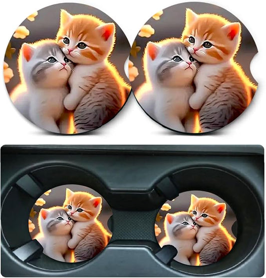2 PCS Two Cat Car Cup Holder Coasters Universal Neoprene Coasters | 2.75" Universal Size Anti Slip Rubber Mat, Auto Cup Holder Accessories for SUV Truck, Gifts for Cat Lovers Women Men Mom