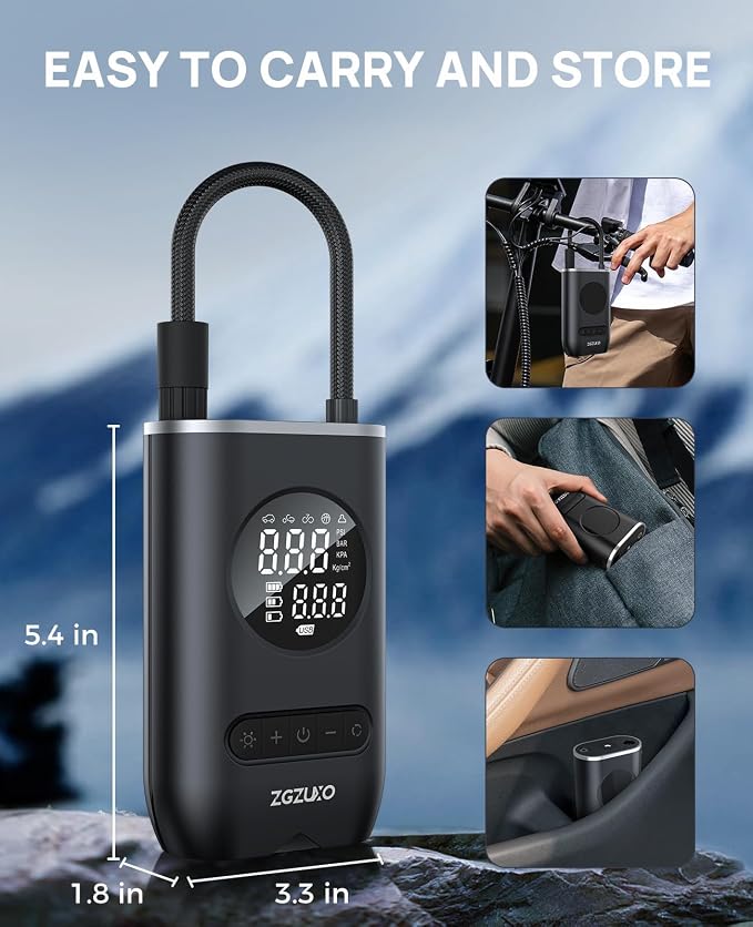 Tire Inflator Portable Air Compressor - ZGZUXO 150PSI Cordless Air Pump for Car Tires with Pressure Gauge LED Light, Electric Bike Tire Pump for Car Motorcycle Bicycle Ball, Auto Shut-Off
