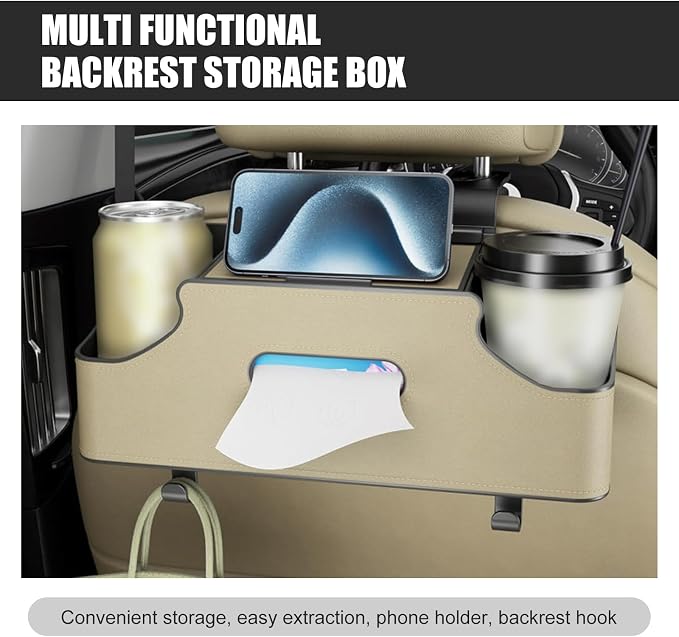 1 PC Backseat Organizer with Dual Cup Holder, Multi-function Tissue Hanging Box and 2 Hooks, Extra Rear Seat Road Trip Storage Accessories, Universal for Most Cars, Trucks, SUVs (Beige)