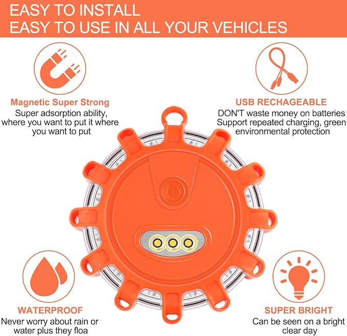 Tobfit 4 Pack Rechargeable LED Road Flares Roadside Emergency Car Kit, Emergency Lights for Vehicles Flashing Flare Beacon Disc with Magnetic Base & Hook, Carrying Bag, Type-C USB Cable Included