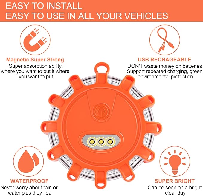 Tobfit 8 Pack USB-C Rechargeable LED Road Flares Roadside Emergency Car Kit, Emergency Lights for Vehicles Flashing Flare Beacon Disc with Magnetic Base & Hook, Carrying Bag, Type-C Cable Included