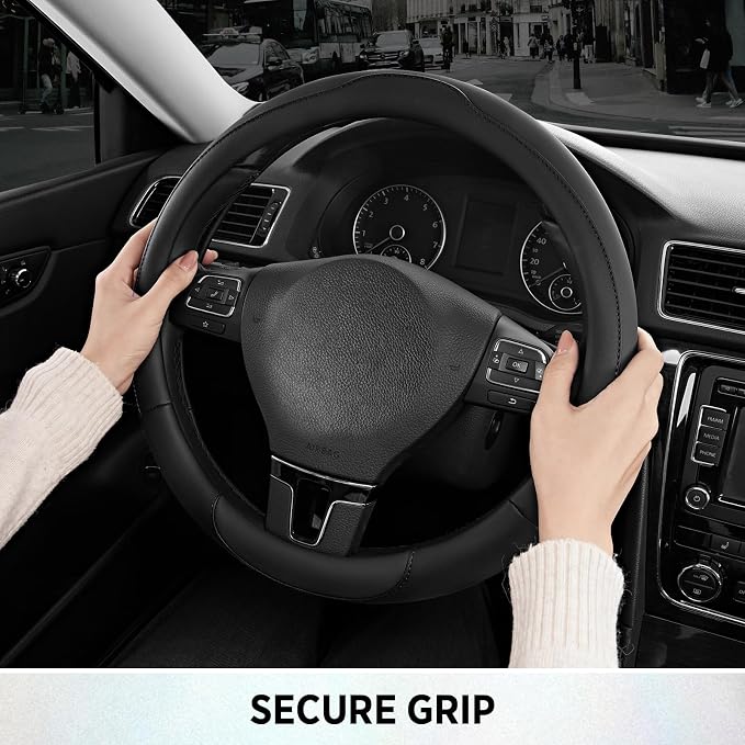 Road Comforts Steering Wheel Cover, Breathable Anti-Slip Leather Steering Wheel Cover, Universal Fit 14.5–15 Inch, Comfortable Grip - Black Color