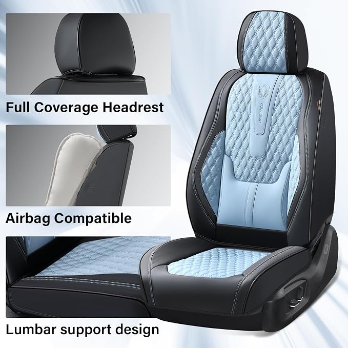 Coverado Car Seat Covers Front, Nappa Leather Seat Covers for Cars, Waterproof Seat Covers with Lumbar Support, Automotive Seat Covers Universal Fit for Most Cars SUV Trucks (Front, Black-Blue)