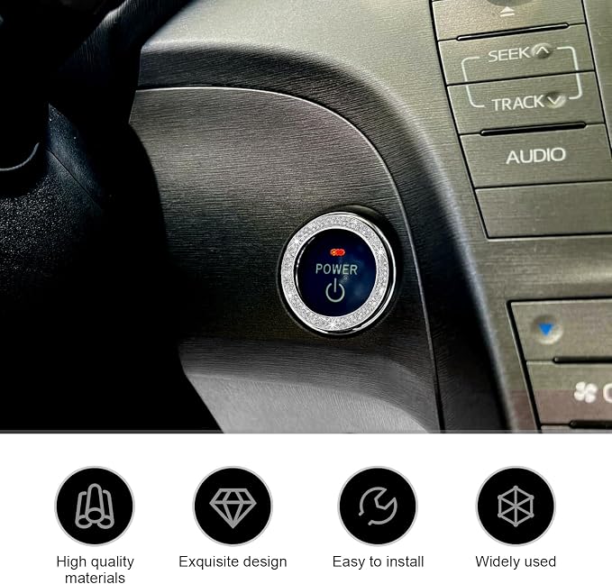 2PCS Car Engine Start Decoration Ring, Bling Crystal Double Rhinestone Push to Start Button Cover Sticker, Car Interior Accessories for Women, Fit for Key Ignition Knob Ring Decoration(White)