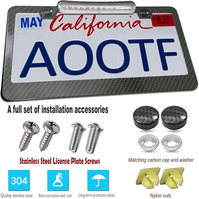 AOOTF License Plate Frame with Light Bar Assembly, Waterproof White | License Plate Light Lamp Bulbs, Aluminium Carbon Fiber Car Tag Holder Mount Kit, For Truck SUV Trailer, 12V, Screws Caps