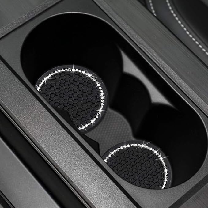yousheng 2PCS Bling Car Cup Coaster, Universal Vehicle Bling Holder Insert,2.75 inch Rhinestone Anti Slip Silicone Insert,Suitable for Most Car Interior,Best Gift Car Bling for Women, Black, 2 Pack