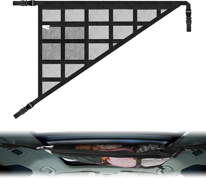 Large Black Car Ceiling Cargo Net with Three Handles Mesh Truck Pocket, Double-Layer Roof Rack Cargo Net for Road Trip Organizers Camping Storage Car Living Essentials