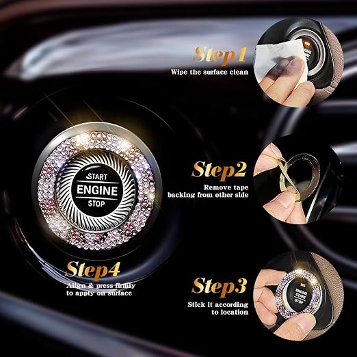 Crystal Bling Push Start Button Cover Accessories for Women - Emblem Sticker Car Key Ignition Starter & Knob Ring