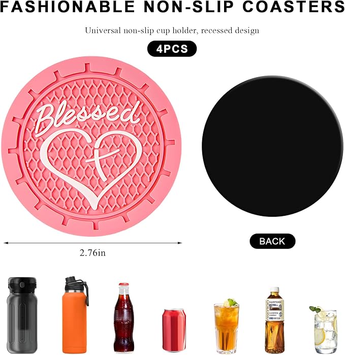 4 PCS Car Cup Holder Coaster, 2.76 Inch Soft PVC Non-Slip Blessed Cross and Heart Christian Car Cup Coasters, Auto Interior Shockproof Insert Drink Mat for Most Vehicles (Pink)