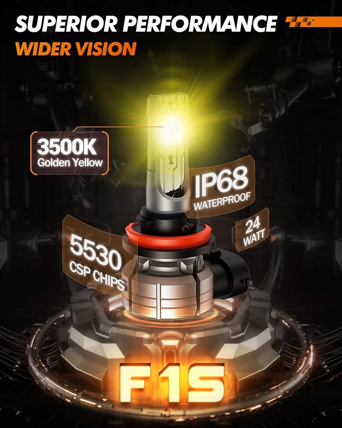 SEALIGHT H11/H8/H16 Amber Yellow Fog Light Bulbs or DRL, 10000 Lumens 3000K Yellow Fog Lights, 32 CSP LED Chips Fog Lamps Replacement for Cars, Play and Plug, Pack of 2