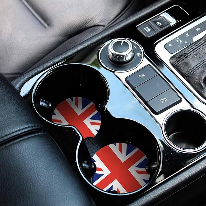 United Kingdom UK Flag Car Cup Holder Coaster 2 Pack Absorbent Ceramic Car Coasters for Cup Holders Car Accessories Interior for Women Men Universal Anti Slip Cork Base Cup Coasters with Finger Notch