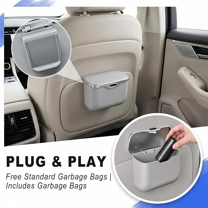 Car Trash Can with Lid, Leakproof Auto Garbage Bin, Hanging Mini Vehicle Trash Bin, Essentials Interior Car Accessories for Organizer, Vehicle Garbage Can for SUV, Truck, Auto (Grey)