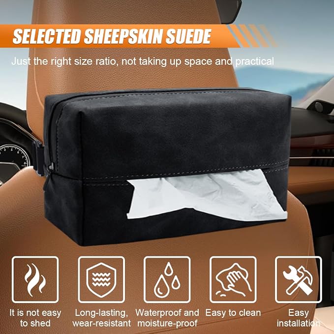 BDZMC Car Tissue Holder, Rectangular Tissues Box Cover, Back Seat Tissue Dispenser for Tissues, Car Napkin Holder with Elastic Band, Fits for Storage & Organizer (Black)