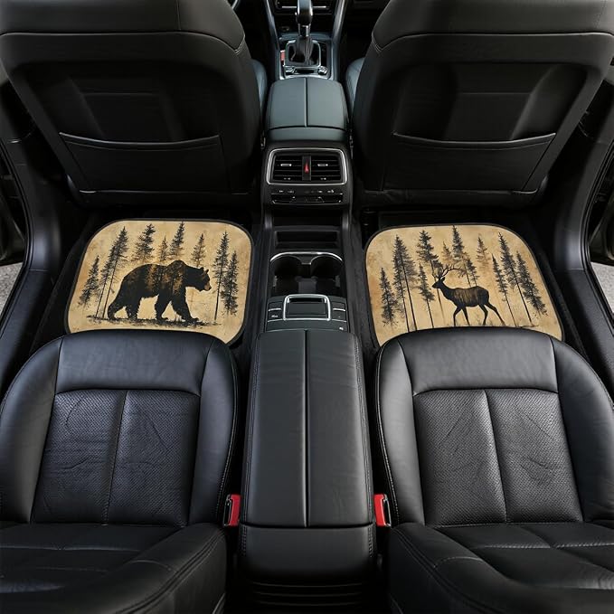 Vintage Deer Bear Car Floor Mats Retro Forest Lodge Rustic Carpet Front Rear Carpets Mat Decorative Car Floor Carpets Non-Slip Auto Car Accessories Universal Fit Car Accessories for Truck
