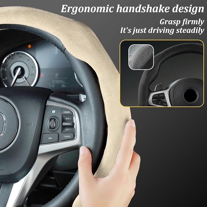 Car Steering Wheel Cover, Soft Brethable Suede Non-Slip Vehicle Steering Wheel Protector, Comfortable Sporty Auto Interior Protection Accessories, Universal for Truck SUV Van (Light Yellow)
