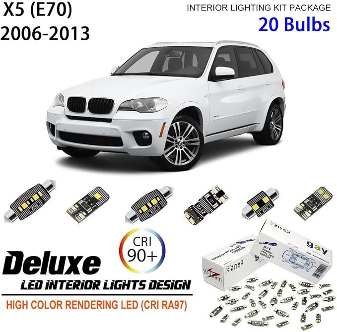 ZIYO LED Interior Light Kit Replacement for BMW X5 1999-2013, 6000K Xenon White Dome Light Bulbs Upgrade Error Free (BMW E70 2006-2013 (20 Bulbs))