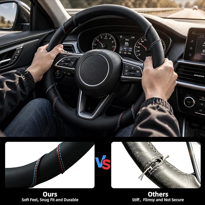 Microfiber Leather Steering Wheel Cover Universal 14.5-15 inch (Black) | Anti-Slip Lining, Breathable and Soft Material, Compatible with Most of Cars and Trucks