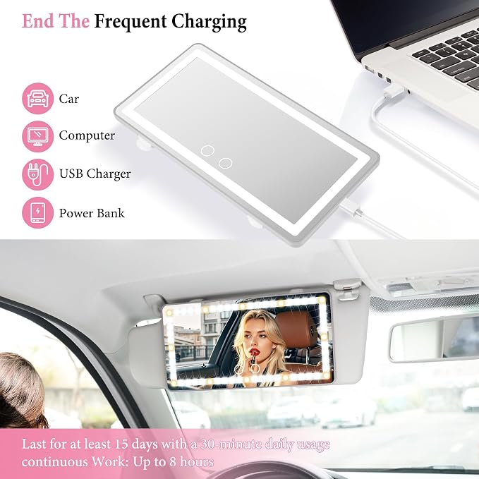 SINGARO 2PCS Car Sun Visor Vanity Mirror - Rechargeable Makeup Mirror with 60 LEDs, 3 Light Modes & Dimmable Touch Control for Cars, Trucks, SUVs, Car Interior Accessories for Women (Grey)