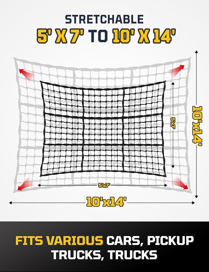 AUTOWN Cargo Net for Pickup Truck Bed - Stretchable 5' x 7' to 10' x 14' with 4" x 4" Mesh, Heavy Duty 10mm Cord Bungee Bed Netting with 12 Metal Carabiners - Ideal for ATV, SUV, UTV and Truck