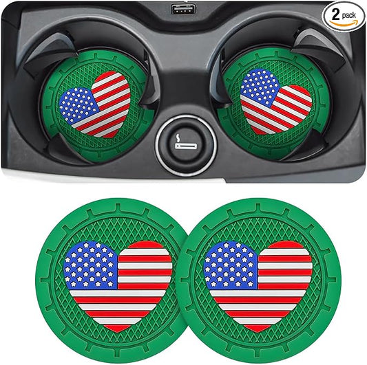 AUCELI 2 Pack Car Cup Holder Coasters, Colored American Flag US Flag Insert Car Cup Coaster, 2.75 Inch Anti Slip Shockproof Embedded Drink Mat, Vehicle Interior Decor Accessories
