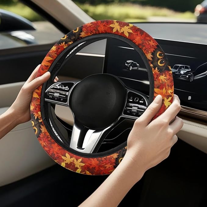 AFPANQZ Maple Leaf Car Steering Wheel Cover Sweat Absorption Safe Driving | Fall Decor, Universal 14-15 inch Stretch-on Fabric, Keep Safe Steering Wheel Protector for Women