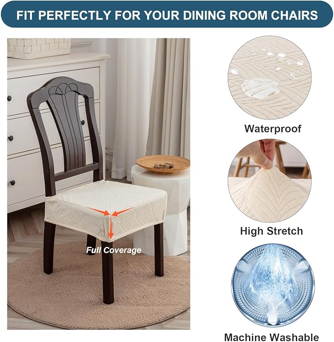 Removable and Washable Seat Covers for Dining Room Chairs Set of 6 - Waterproof Stretch Chair Seat Slipcovers, No Back Covers