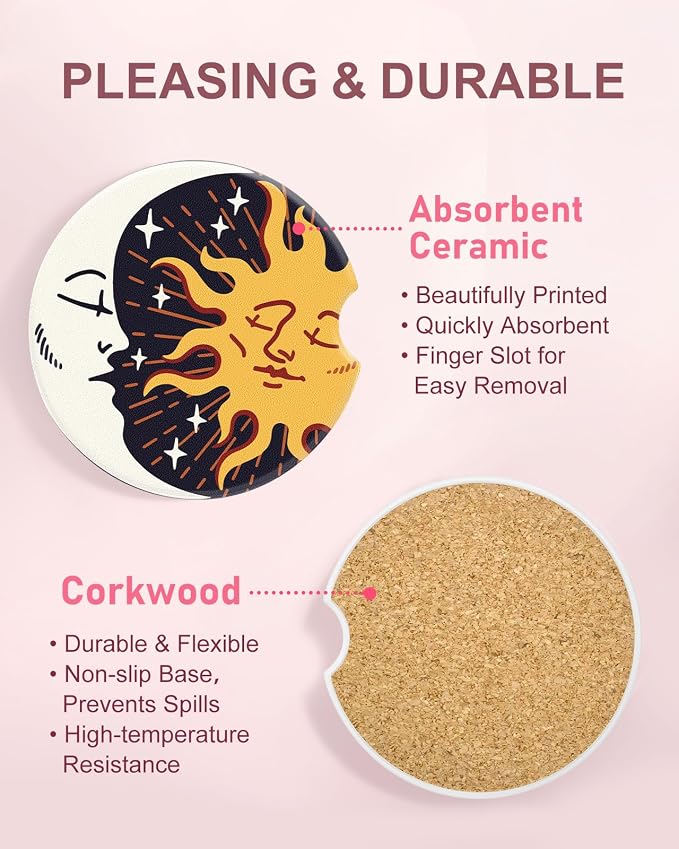 Swooflia Car Coasters for Women - Moon and Sun Ceramic Car Cupholder Coaster Cool Absorbent Mat Coaster with Cork Base 2 Pack Automotive Cup Holder Accessories New Driver Gifts for Decor