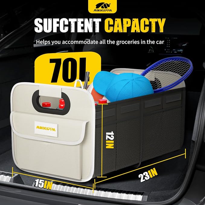 MIKKUPPA Car Trunk Organizer - 70L Collapsible Trunk Organizer with Reinforced Handles for Groceries, Car Storage Organizers for SUV Auto Truck Van with Non Slip Bottom (White)