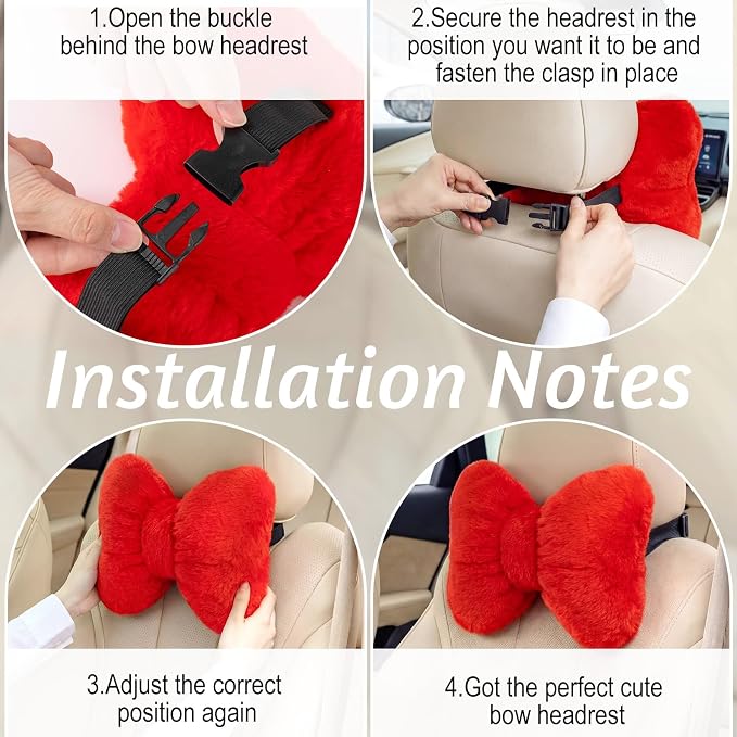 Macarrie 2 Pcs Red Car Neck Pillow Imitation Rabbit Fur Bow Pillow | Soft Comfortable Seat Headrest Support, Cute Bow Car Accessories, Driving Travel Driver Chair Girl Interior Decor, Solid