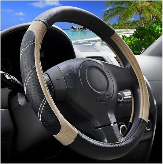 Zpana Car Steering Wheel Cover, 15 Inch Carbon Fiber Leather Non-Slip Steering Wheel Protector with Lining, Breathable Automotive Interior Accessories, Universal for SUV RV Truck (Beige)